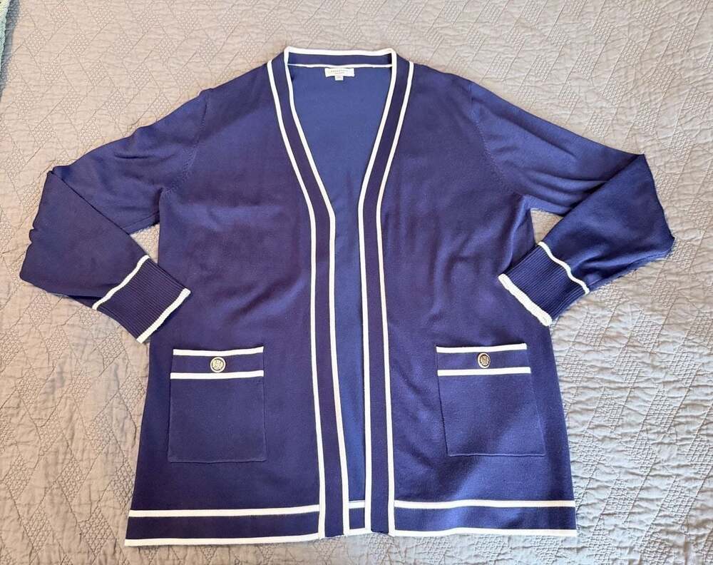 Preppy Navy Blue Knit Cardigan White Varsity Stripe Classic Coastal Size L 

BM